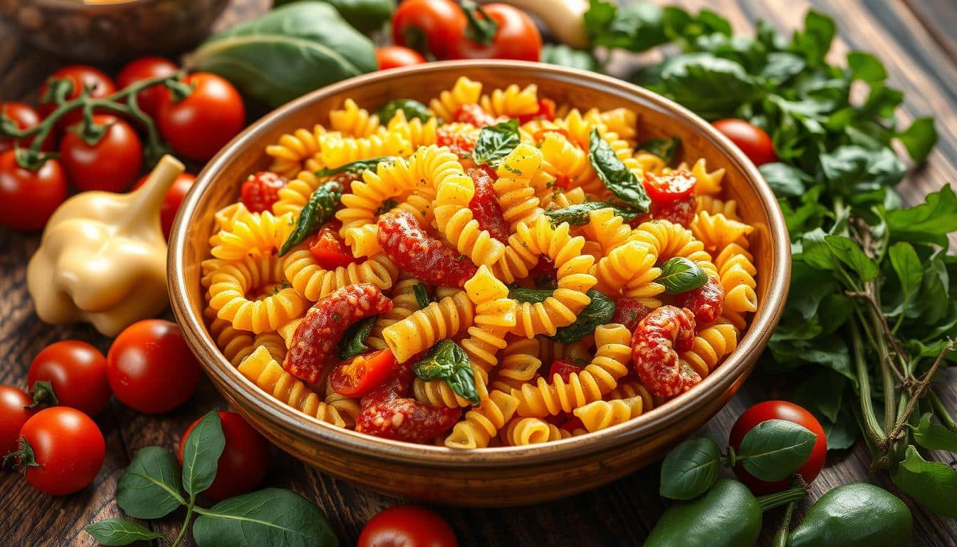 A colorful bowl of rotini pasta with vegetables and herbs on a wooden surface.