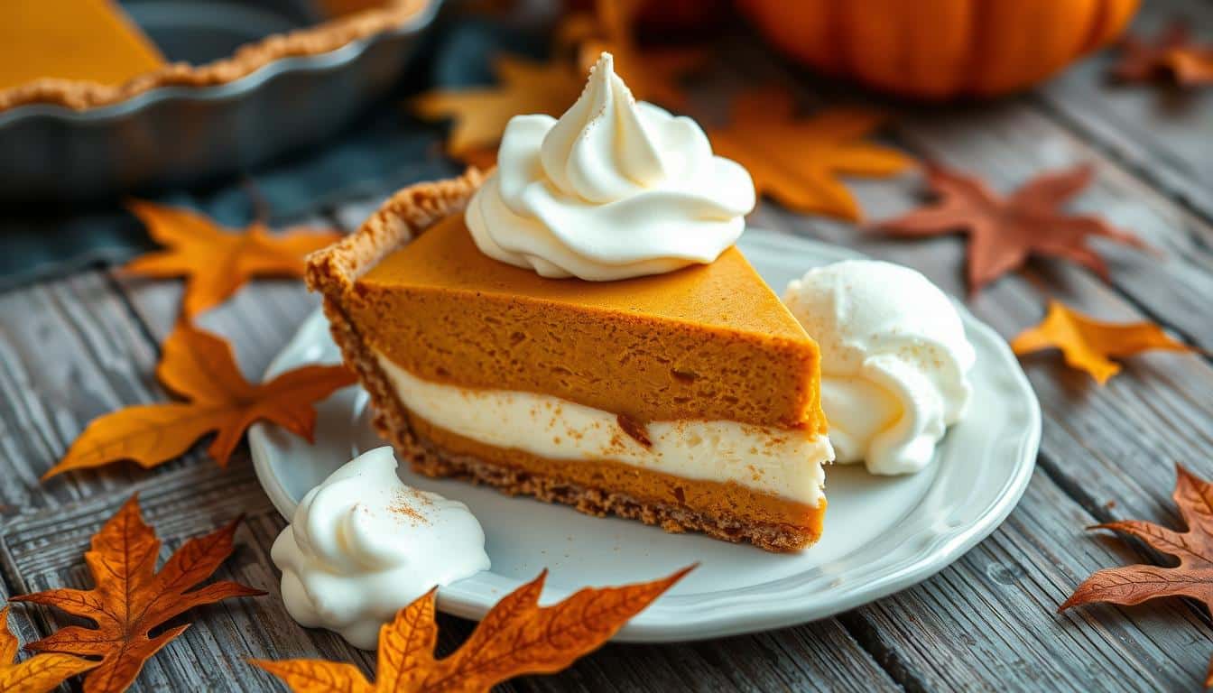 A slice of pumpkin pie topped with whipped cream, served on a plate beside a scoop of ice cream, surrounded by autumn leaves.