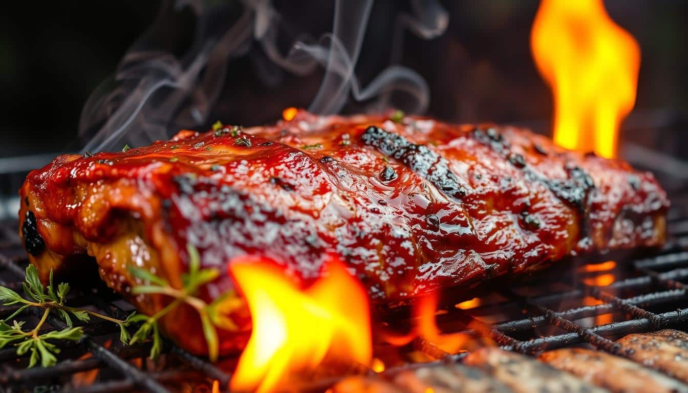 A succulent piece of glazed meat grilling with flames and smoke.