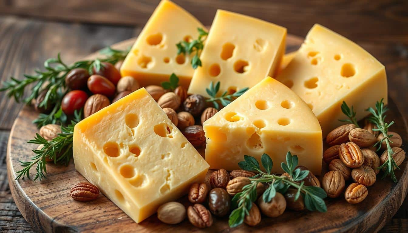 Wedges of Swiss cheese are arranged on a wooden board with nuts and herbs.