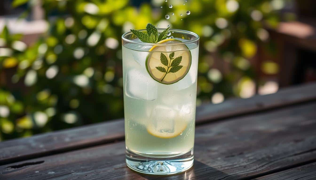 A refreshing drink with ice, cucumber, and mint served in a tall glass on a wooden table.