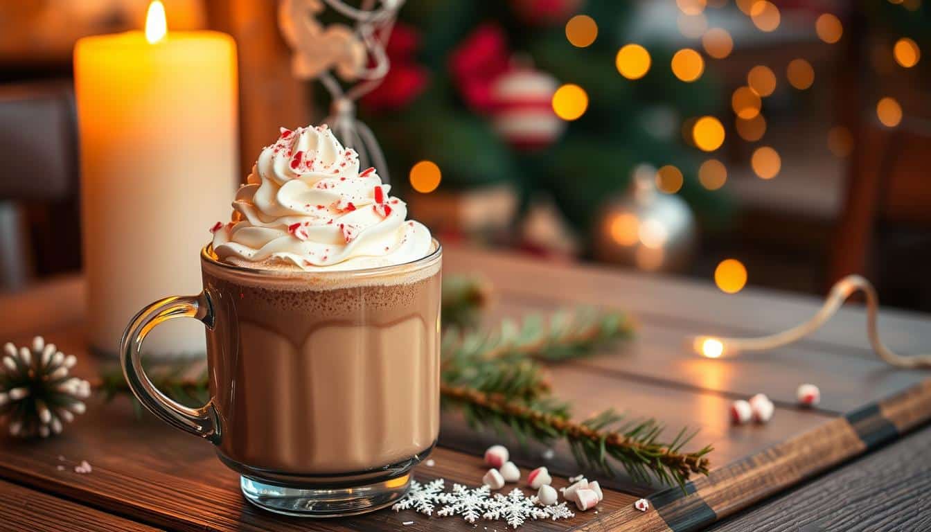 A glass mug of hot cocoa topped with whipped cream and crushed candy canes sits on a wooden surface in front of a lit candle and Christmas lights.