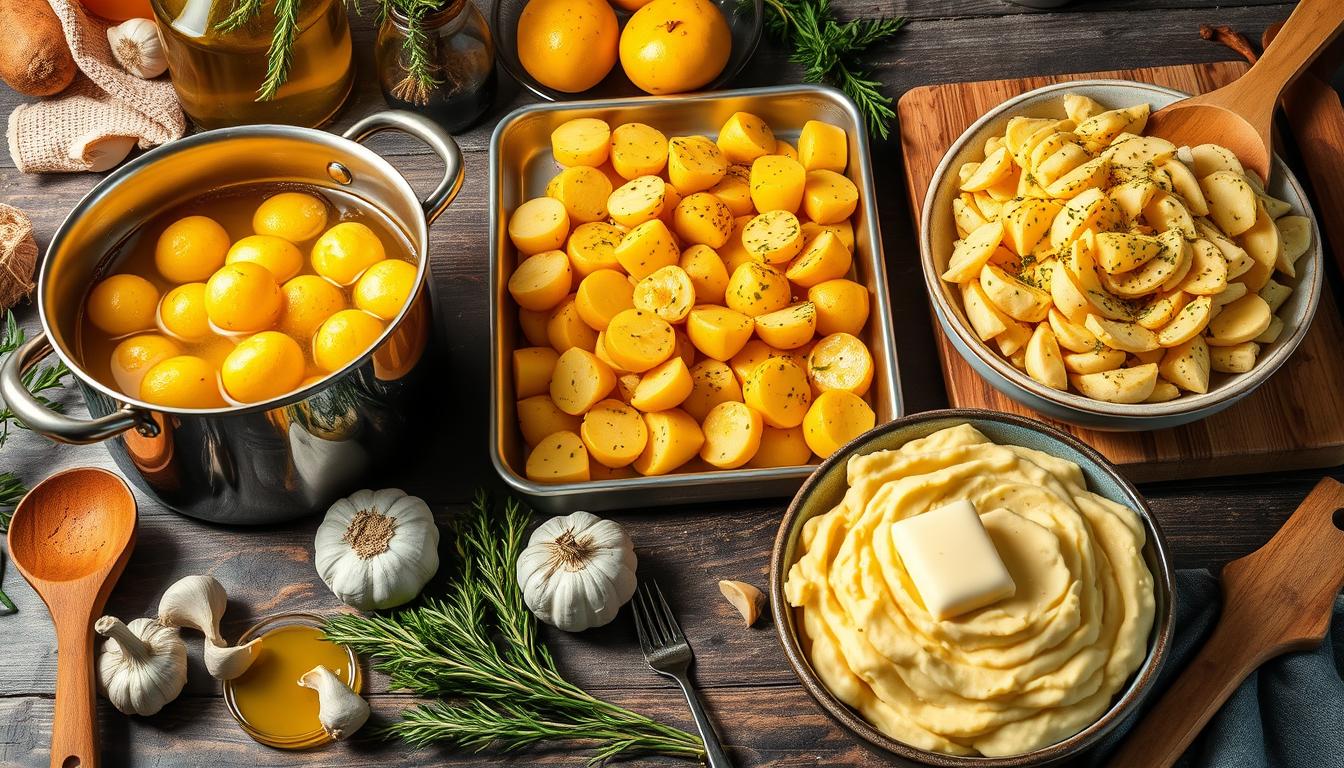 A spread of various potato dishes prepared on a rustic wooden table.