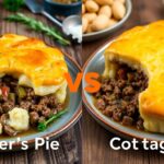 A comparison of Shepherd’s Pie and Cottage Pie on wooden table surfaces.