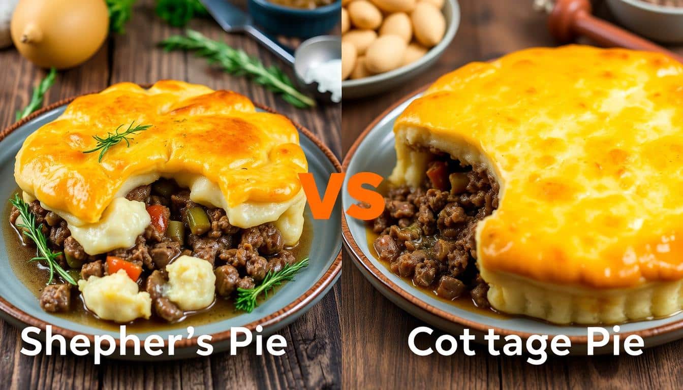 A comparison of Shepherd’s Pie and Cottage Pie on wooden table surfaces.