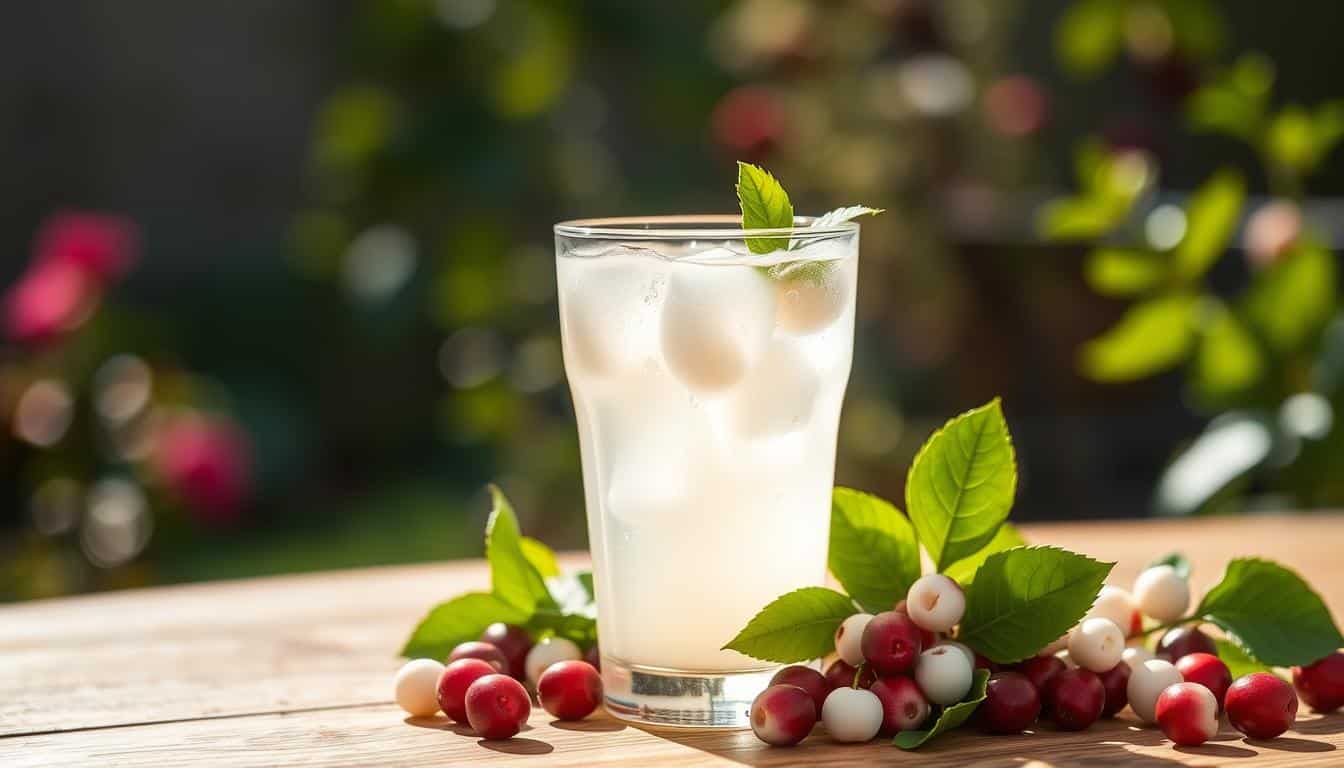 A glass of iced lemonade sits on a wooden table outdoors, garnished with mint and surrounded by snowberries.