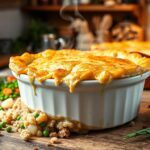 A steaming dish of golden topped pie surrounded by fresh vegetables and ingredients.