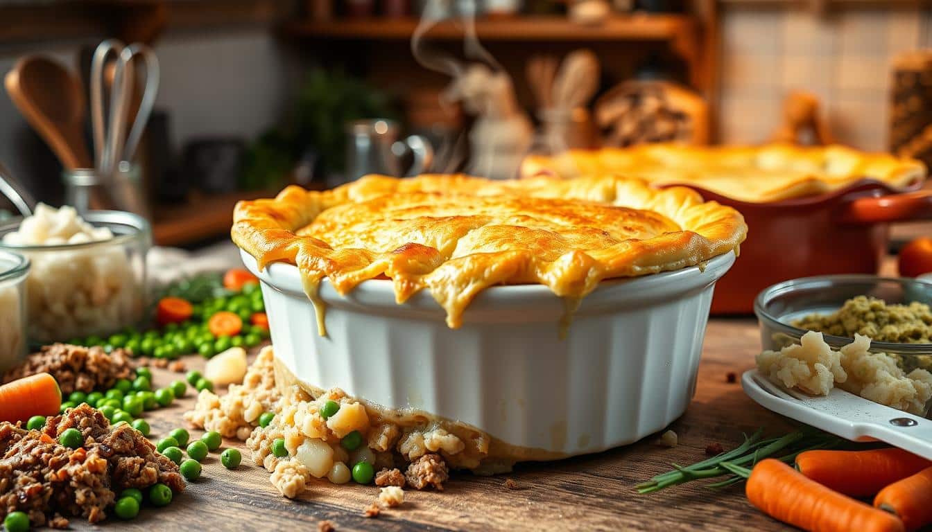 A steaming dish of golden topped pie surrounded by fresh vegetables and ingredients.