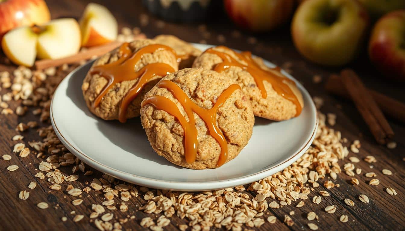 A plate of oatmeal cookies drizzled with caramel surrounded by apples and oats.