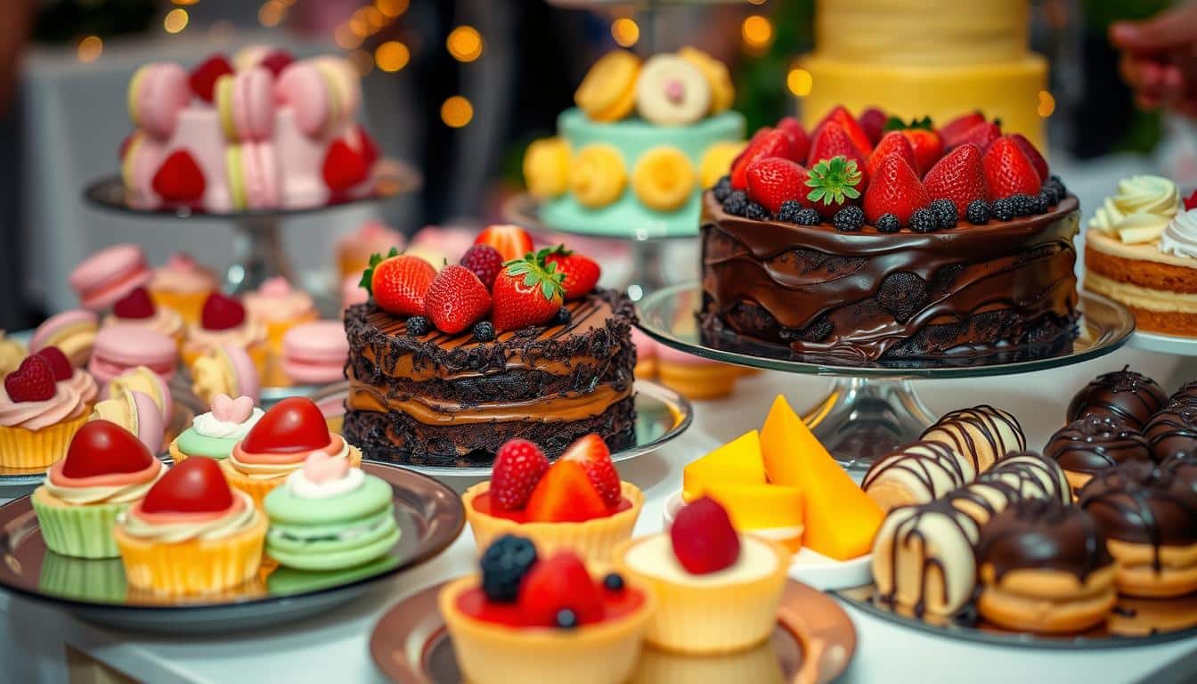 A colorful assortment of desserts including cakes, cupcakes, and macarons displayed on plates.