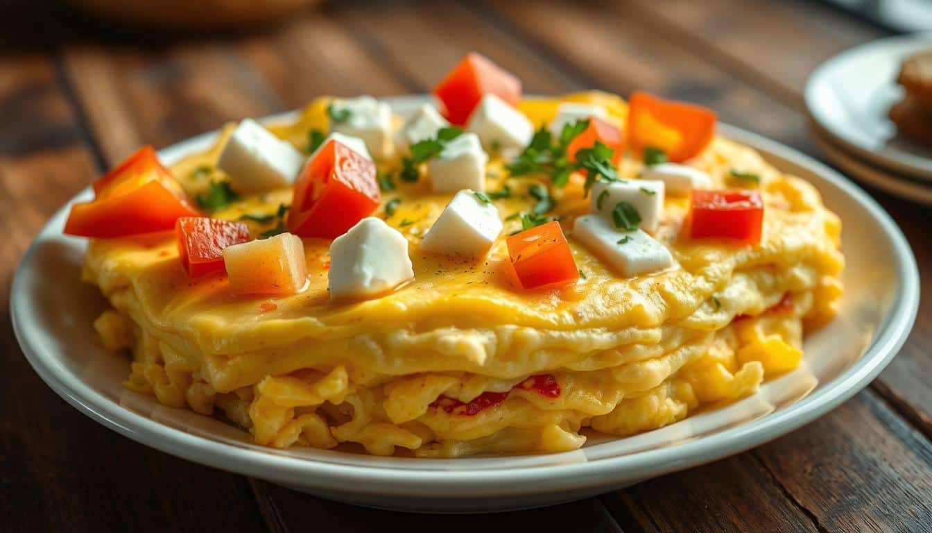 A layered omelette topped with diced tomatoes, feta cheese, and parsley sits on a white plate.