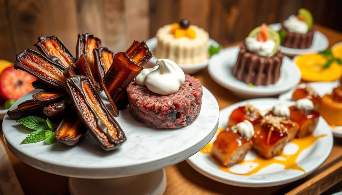 A beautifully arranged platter of various desserts including chocolate-covered fruits, mousse, and cakes.