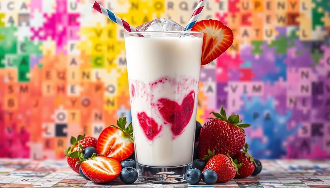 A creamy milkshake with raspberry swirls and fresh strawberries sits in a tall glass against a colorful puzzle background.