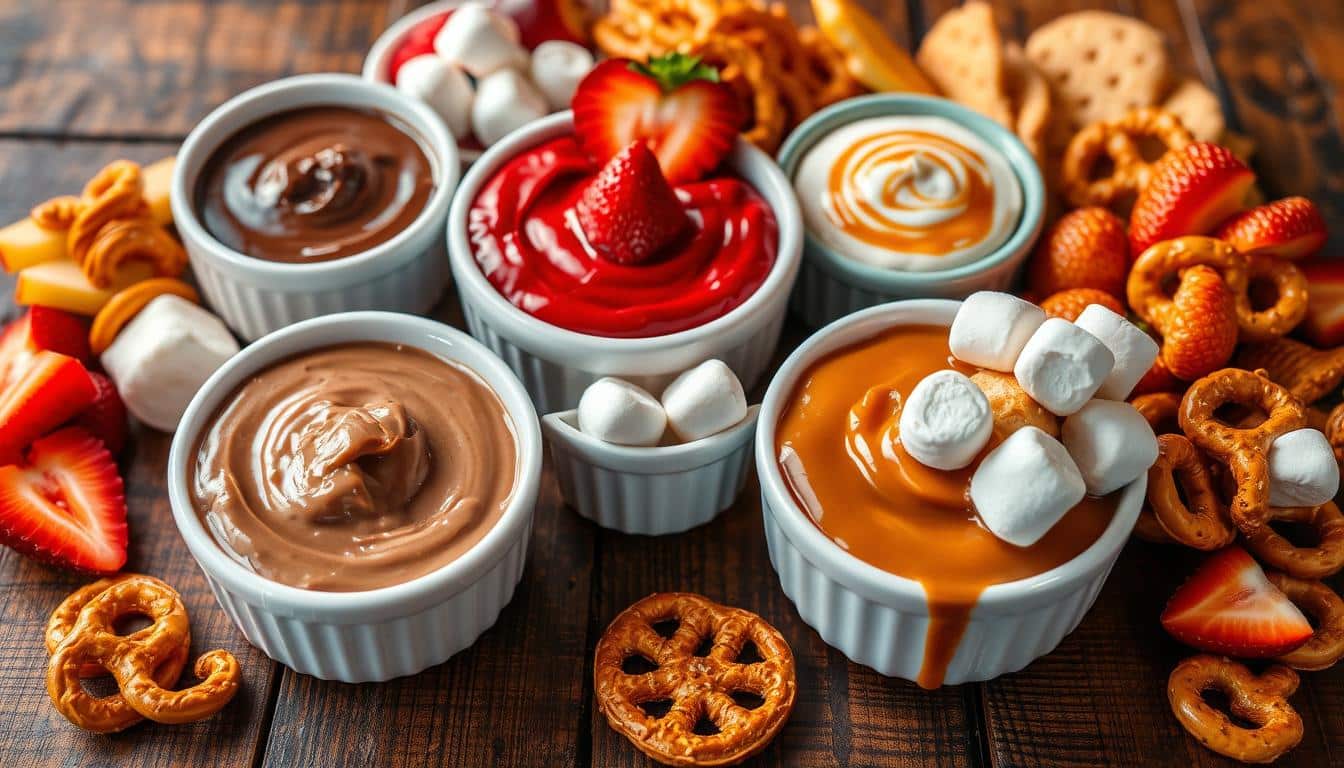 A delightful arrangement of various dipping sauces in small bowls surrounded by fruits and snacks.