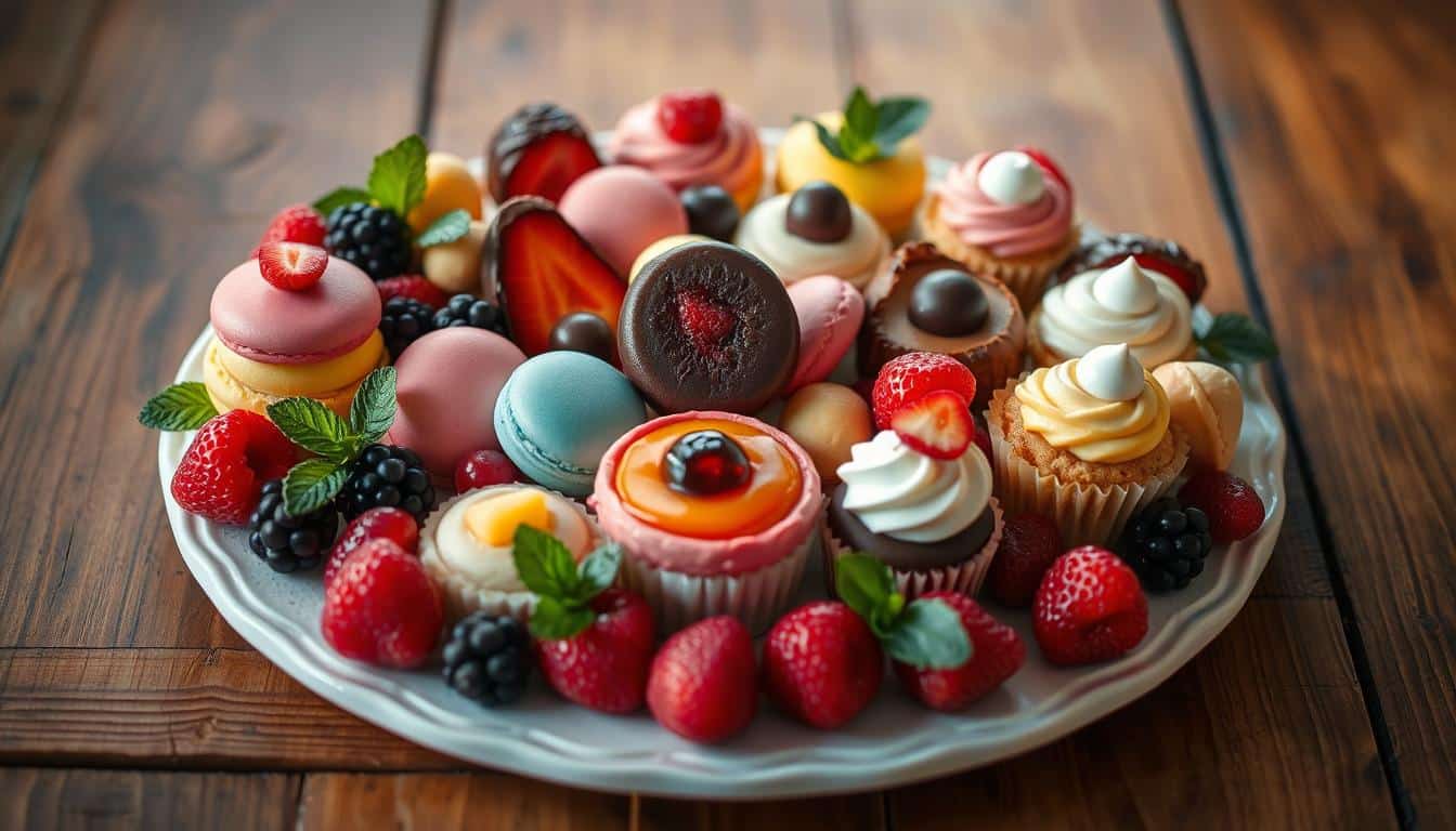 A beautifully arranged platter of colorful desserts including macarons, cupcakes, and fresh berries.