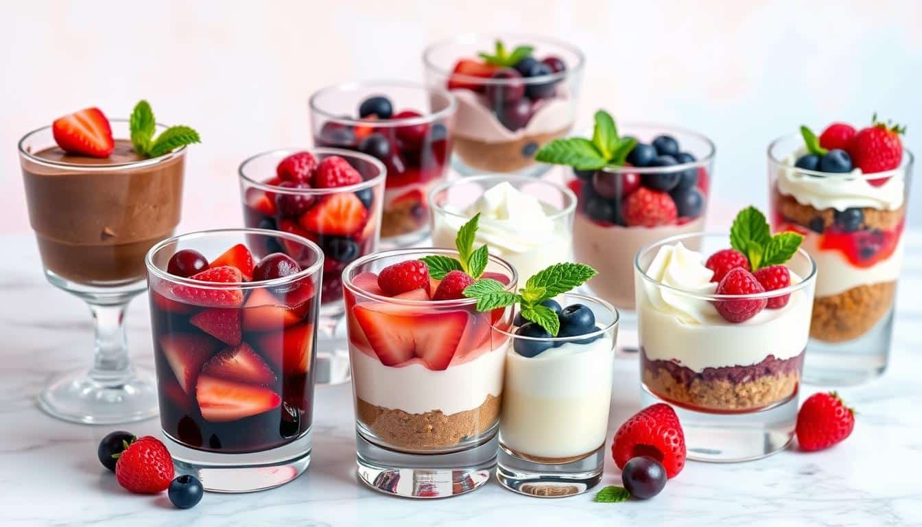 A variety of colorful desserts served in small glasses, featuring fruits and creams.