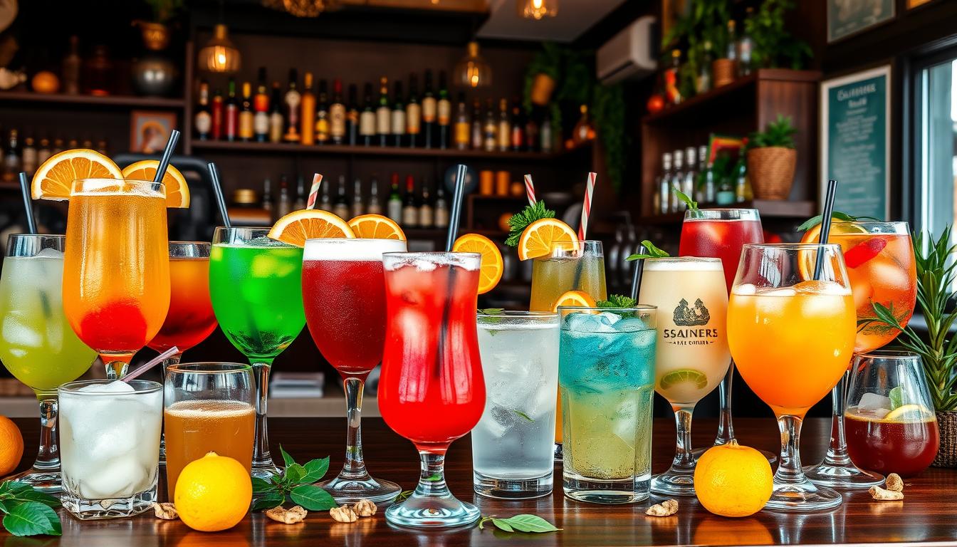 A variety of colorful cocktails arranged on a wooden bar with a blurred background of bottles.