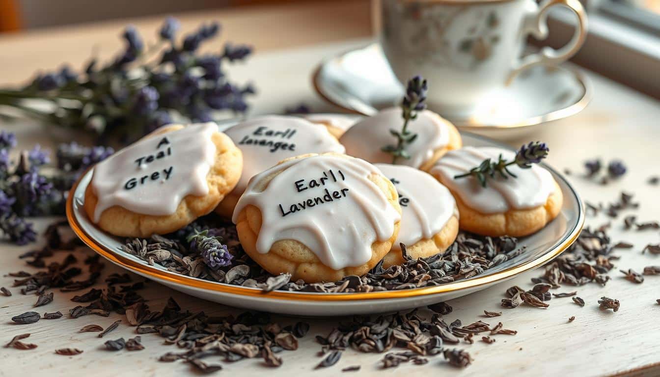 A picturesque display of decorated cookies with tea-themed names on a plate surrounded by tea leaves and lavender sprigs.