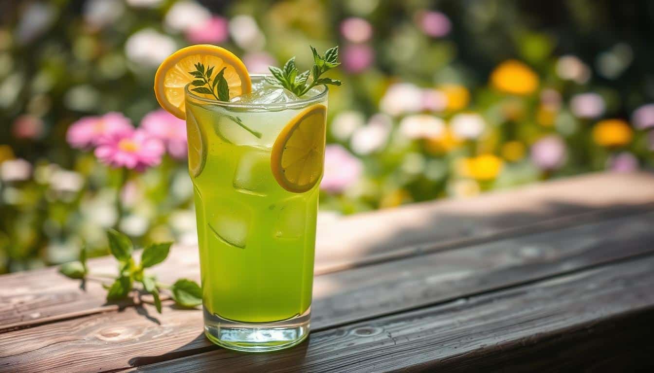 A refreshing green beverage with lemon slices and mint leaves sits on a wooden table in a garden setting.