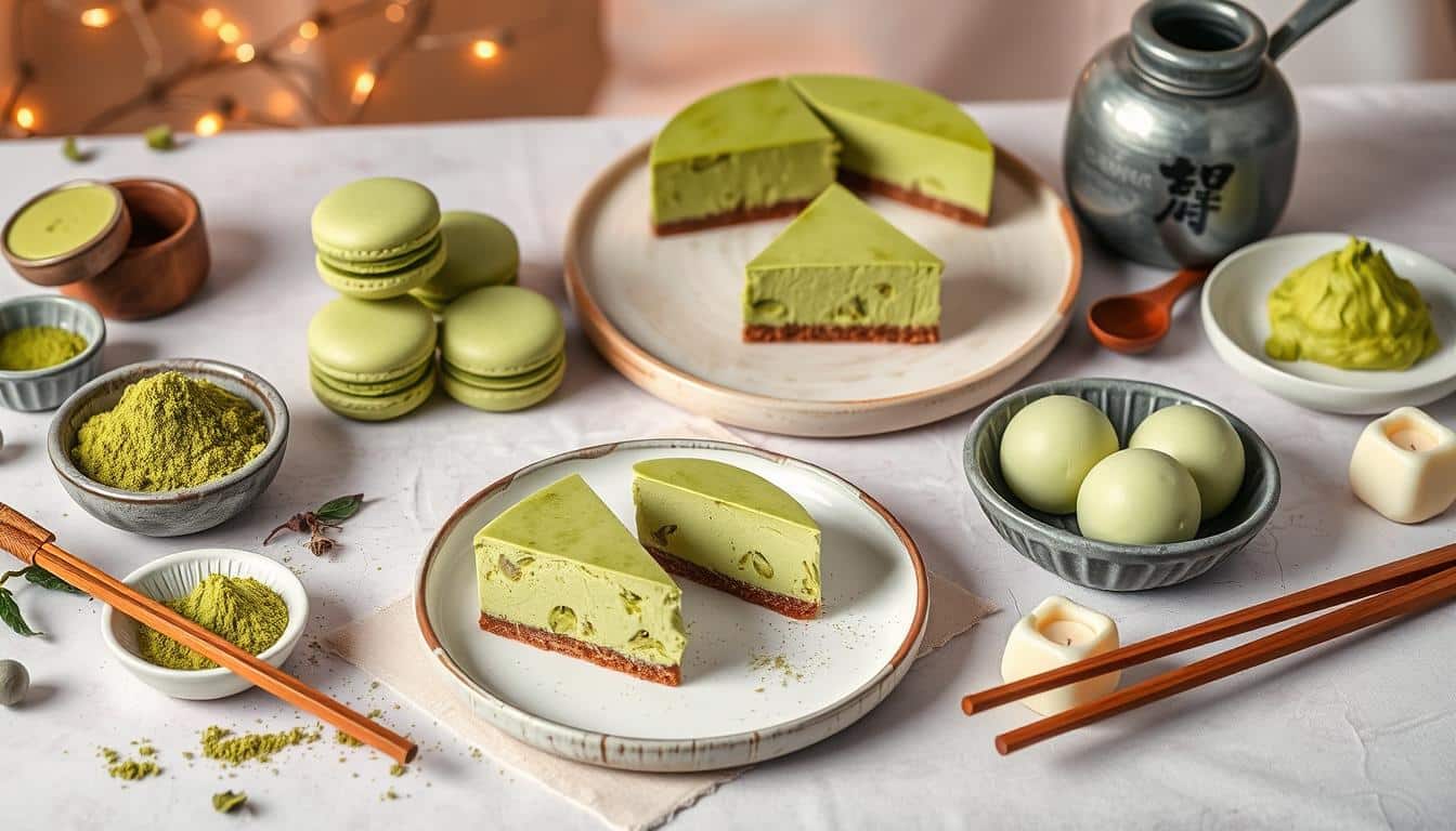 A beautifully arranged table featuring various green desserts and matcha ingredients.