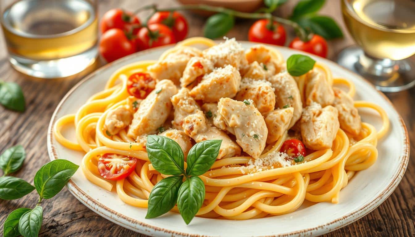 Spaghetti topped with pieces of chicken, halved cherry tomatoes, fresh basil, and parmesan cheese sits on a white plate.