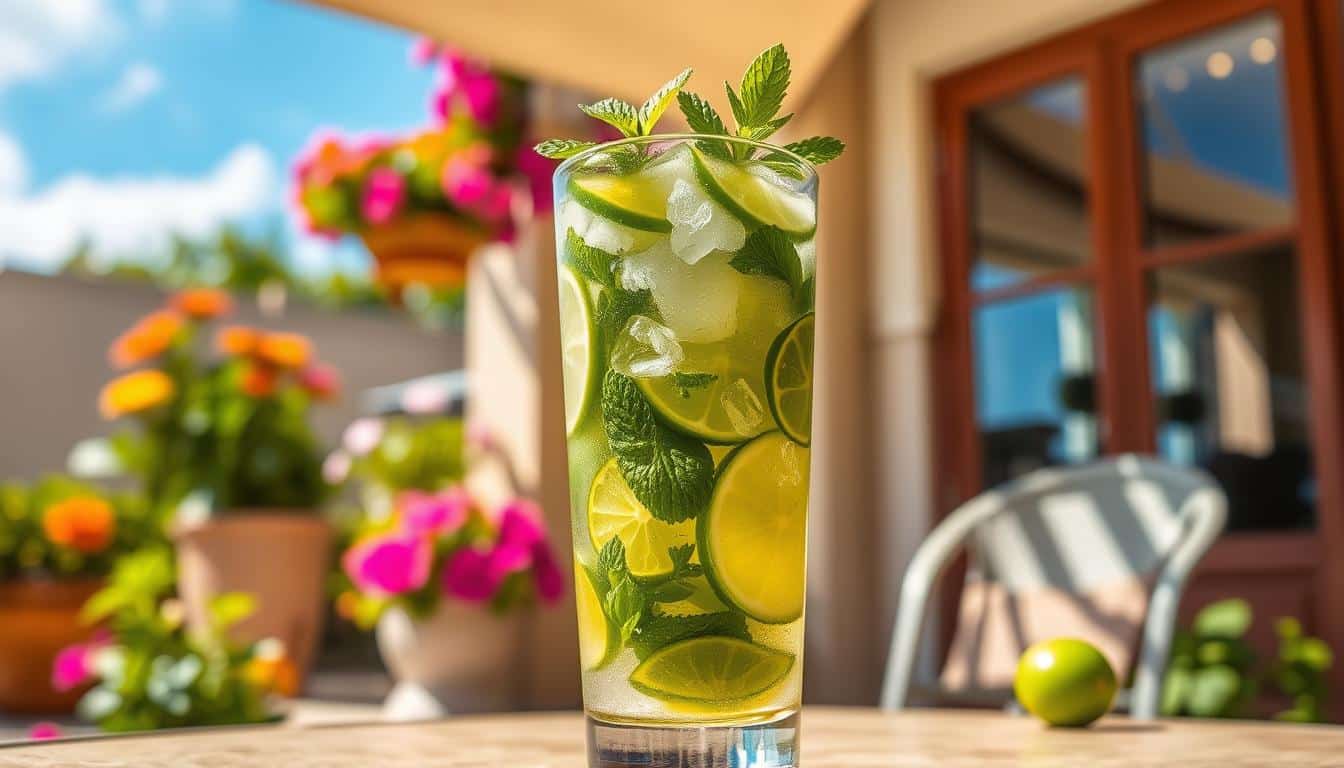 A tall glass of iced mojito with lime and mint sits on a table outdoors.