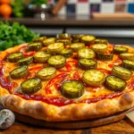 A freshly baked pizza topped with pickles and surrounded by garlic cloves and herbs.