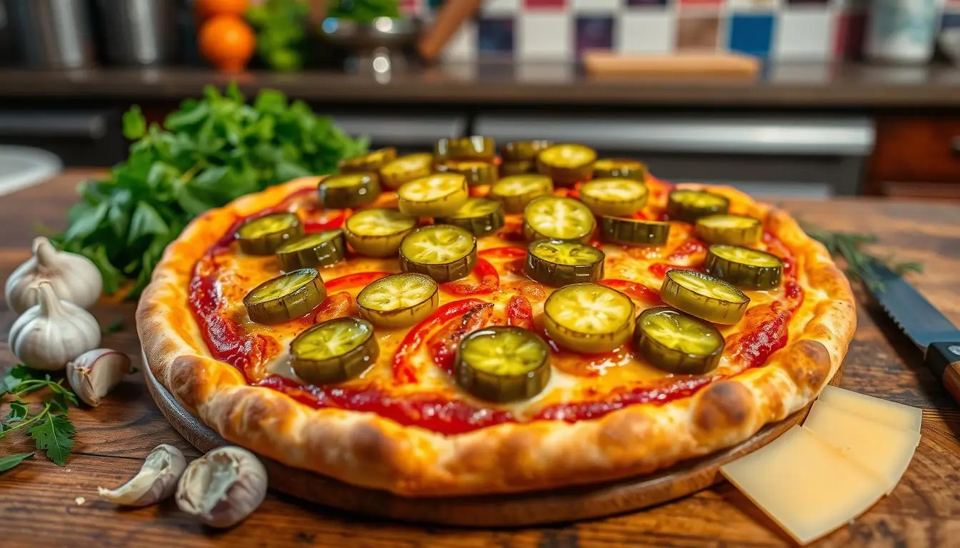 A freshly baked pizza topped with pickles and surrounded by garlic cloves and herbs.