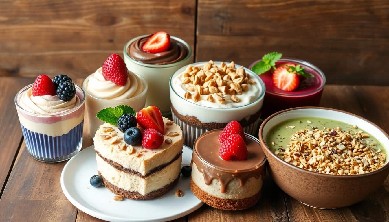 An assortment of desserts in glasses and bowls, topped with fresh berries, nuts, and chocolate.