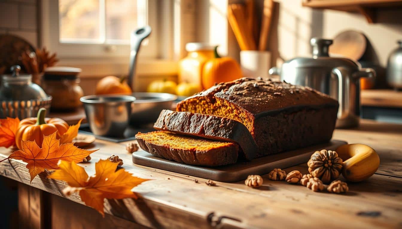 A loaf of pumpkin bread sits on a wooden table surrounded by autumn leaves and kitchen utensils.