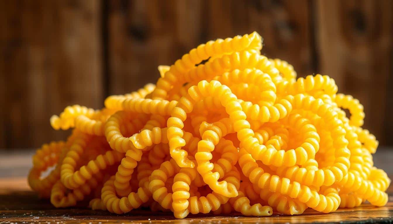 A mound of golden, spiraled pasta sits on a wooden surface.