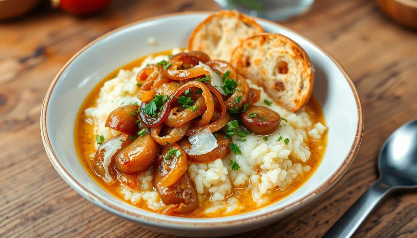 A bowl of risotto topped with caramelized onions, chopped parsley, and toasted baguette slices sits on a wooden table.