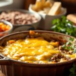 A baked dish topped with melted cheese sits surrounded by ingredients on a wooden table.