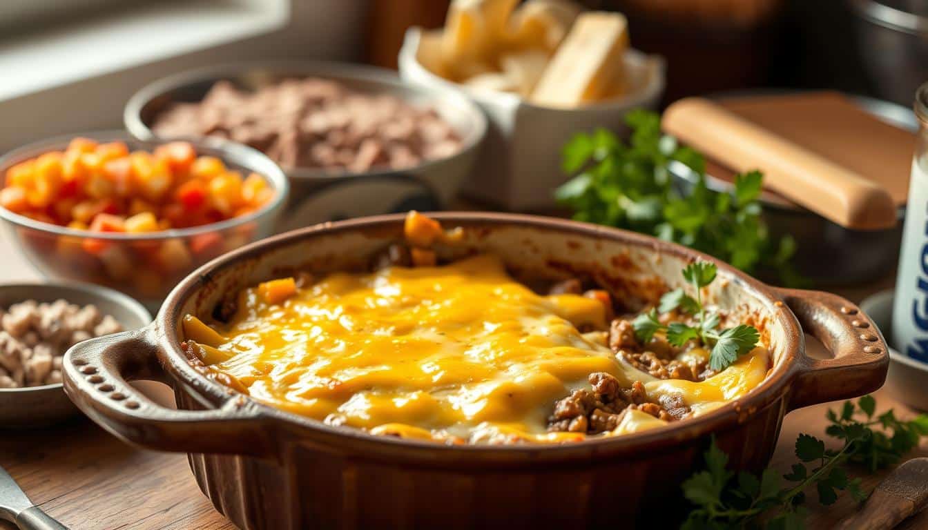 A baked dish topped with melted cheese sits surrounded by ingredients on a wooden table.