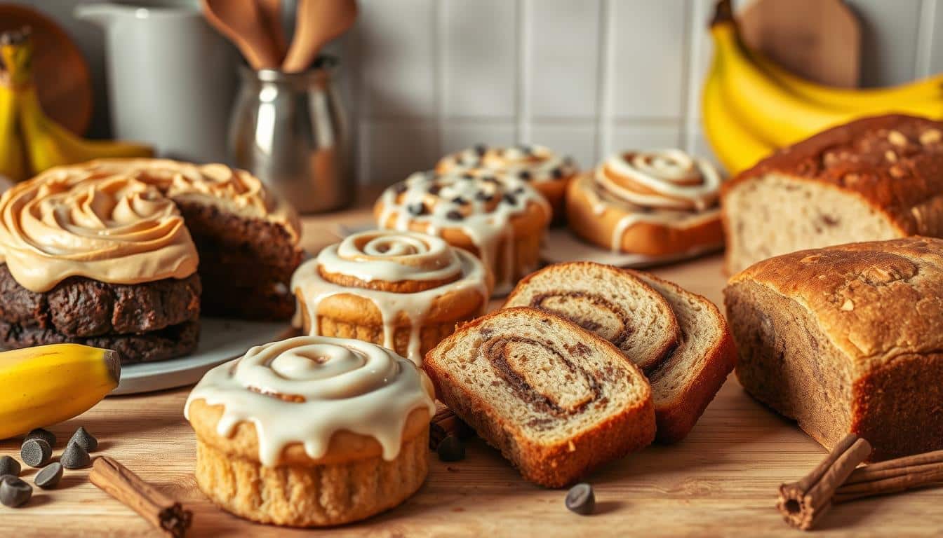 A variety of delicious baked goods including cakes, cinnamon rolls, and bread on a wooden surface.