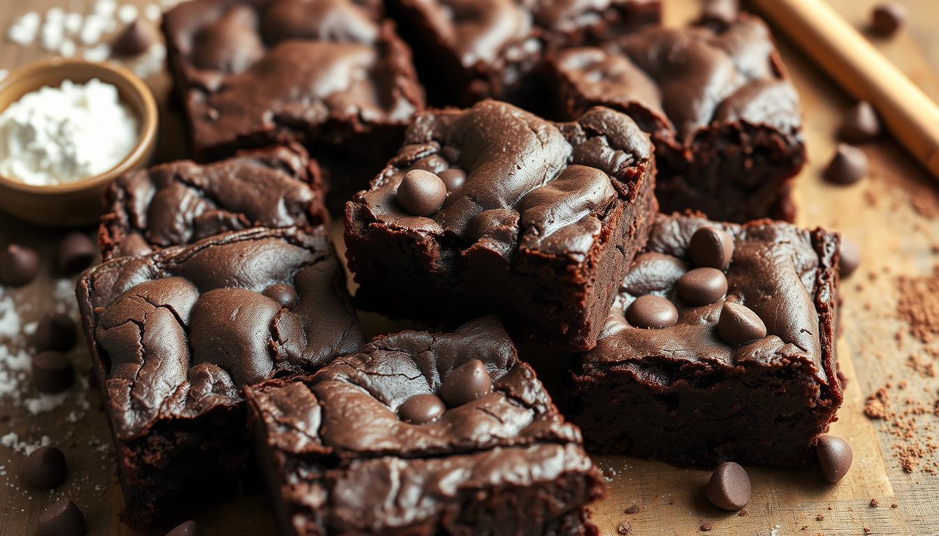 A plate of rich, fudgy brownies with chocolate chips, scattered chocolate morsels, and a small bowl of whipped cream nearby.