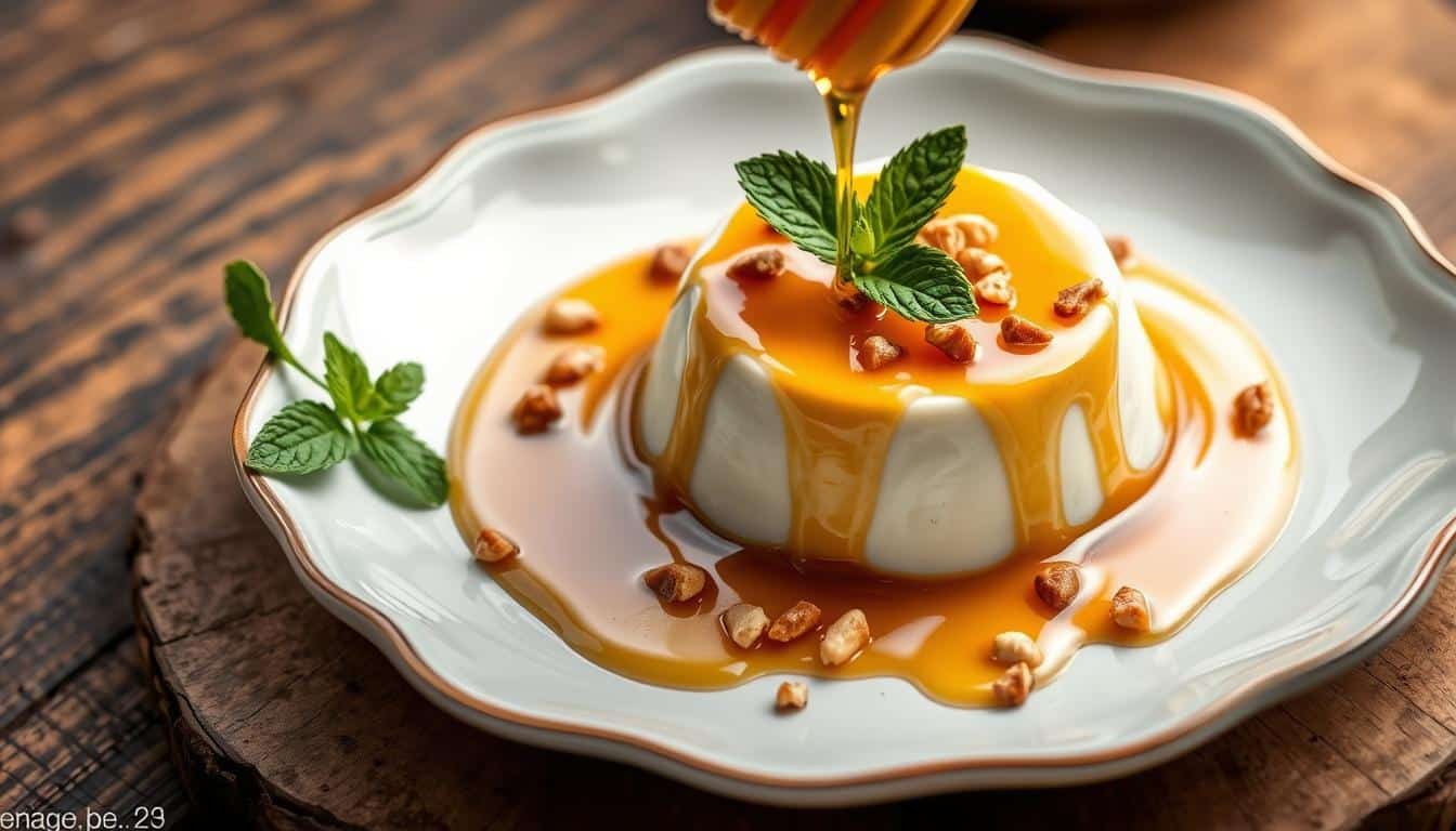 A smooth, creamy dessert drizzled with caramel and garnished with mint leaves and nuts.