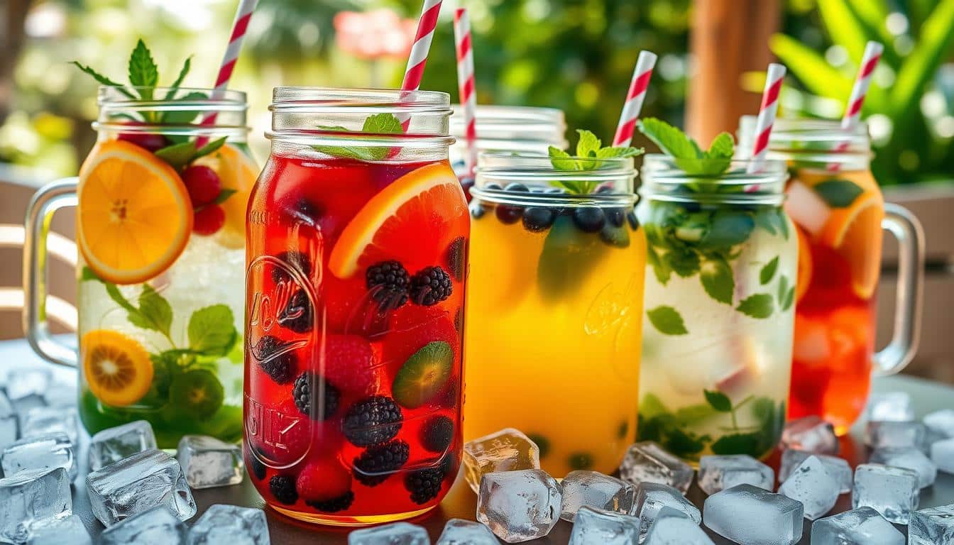 A variety of colorful fruit-infused drinks in mason jars on a table with ice cubes.