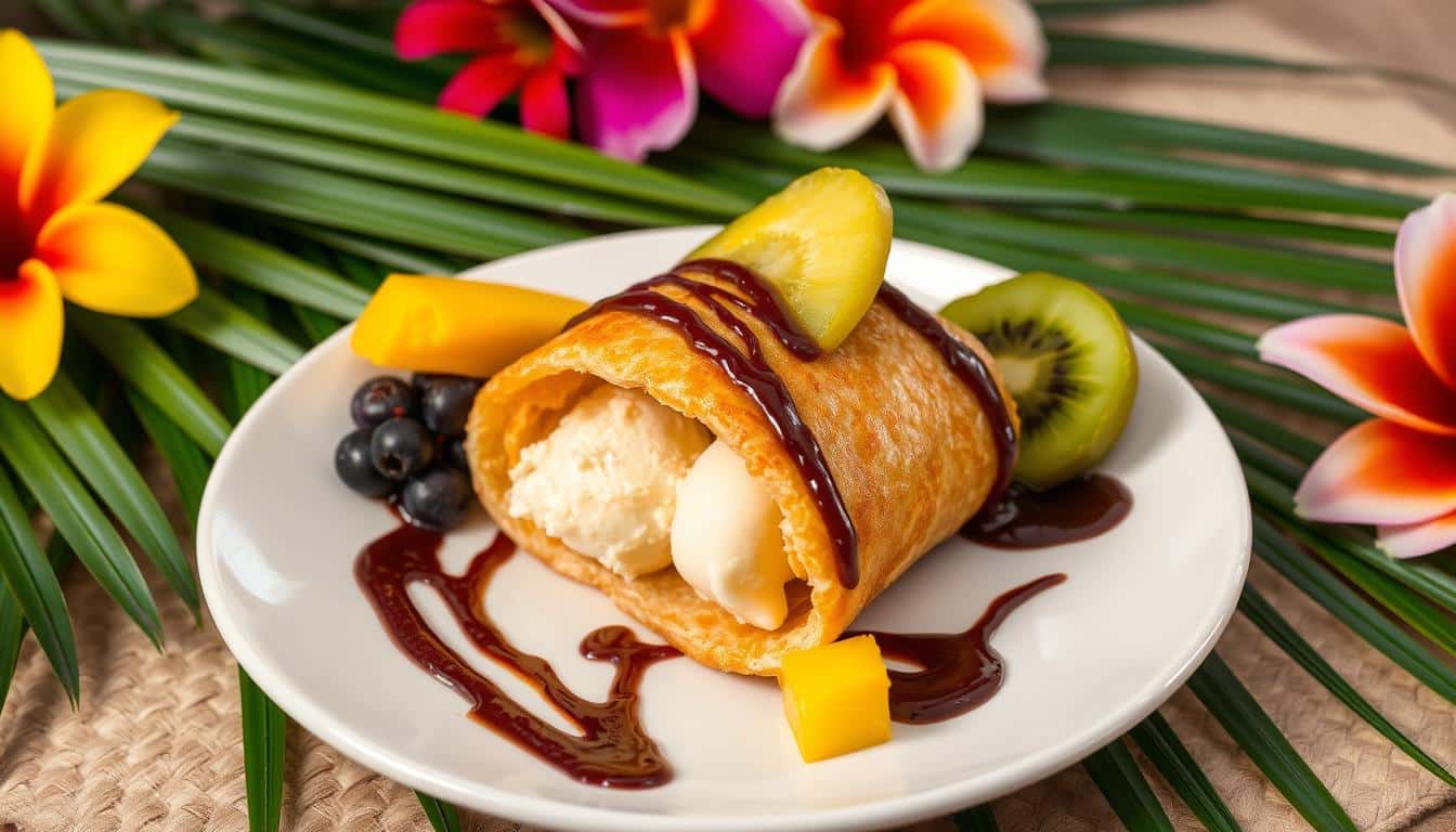 A delicious dessert featuring a rolled pastry filled with ice cream, topped with chocolate sauce and fresh fruit on a white plate.