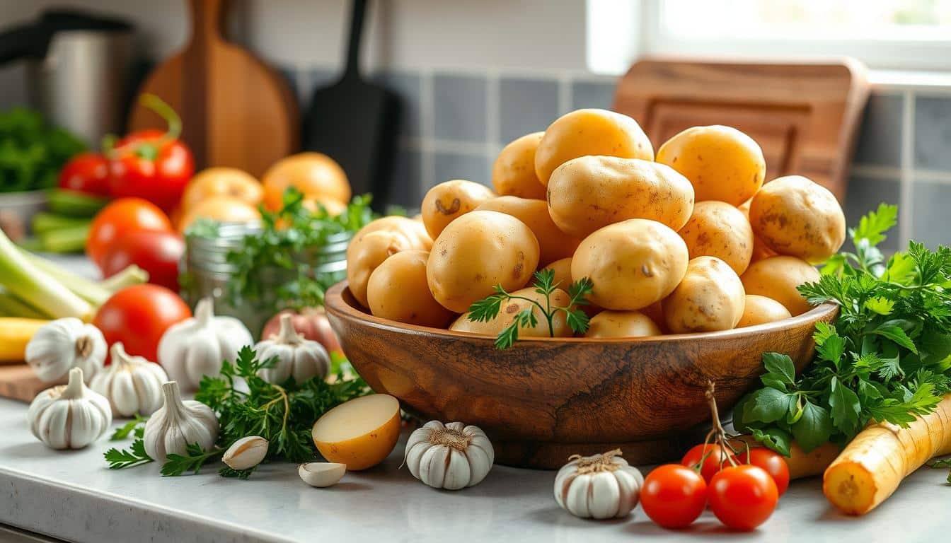 yukon gold potatoes a bowl of potatoes and garlic