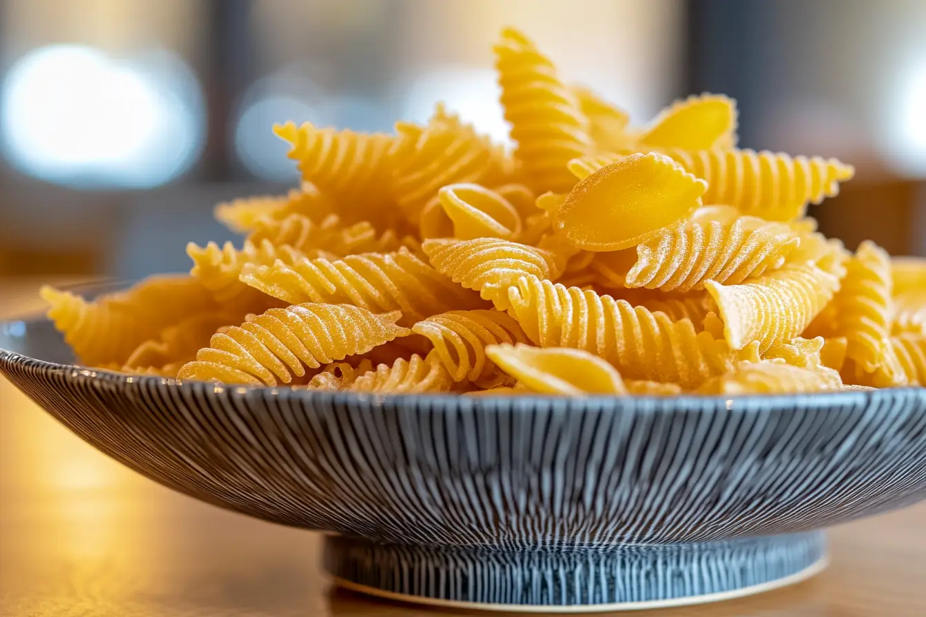 Elegant radiatori pasta plated on a wooden table in a modern Italian setting.